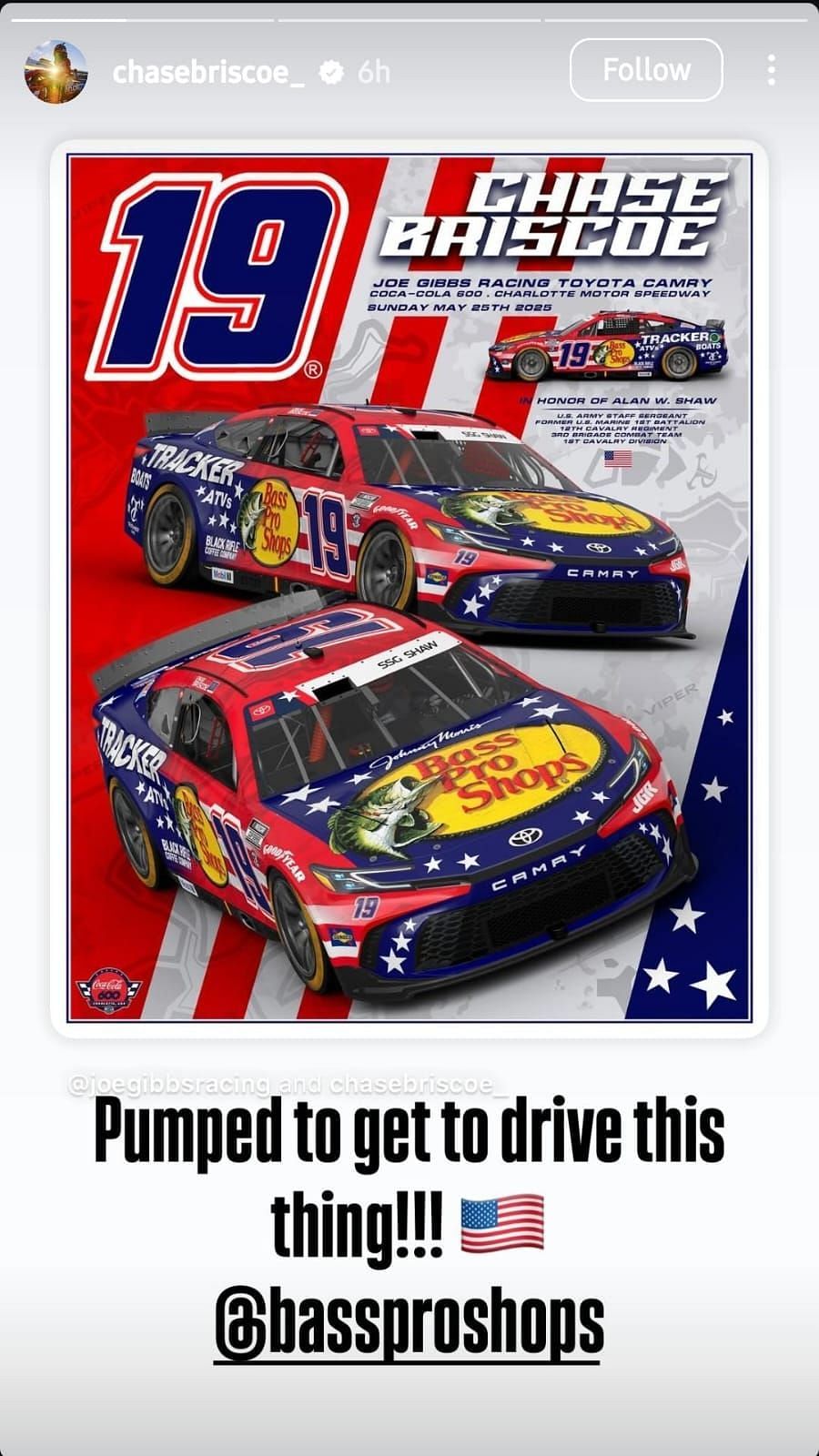 Briscoe's new livery for the Coca-Cola 600 pays tribute to SSG Alan W. Shaw (Source: @chasebriscoe_ via Instagram)